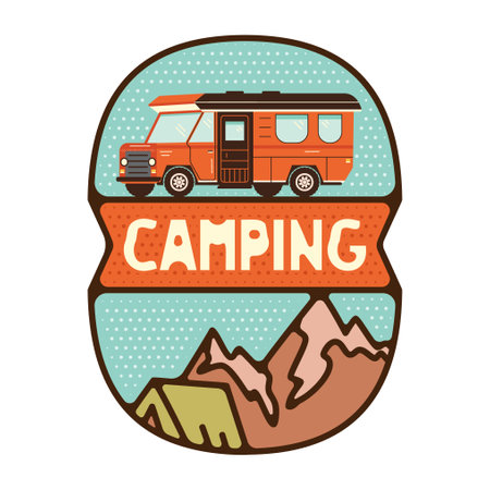 Outdoor adventure badge. Camping adventure label in retro style. Mountain logo graphics for t-shirt. Stock artwork with RV trailer.の写真素材