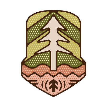 Outdoor forest adventure badge. Camping adventure label in retro style. Mountain logo graphics for t-shirt. Stock artwork.の写真素材