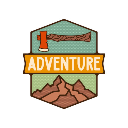 Outdoor adventure badge. Camping adventure label in retro style. Mountain logo graphics for t-shirt. Stock artwork with axe.の写真素材
