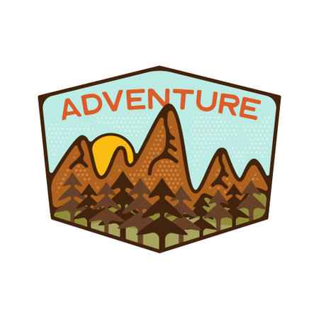 Outdoor adventure badge. Camping adventure label in retro style. Mountain logo graphics for t-shirt. Stock artwork insignia.の写真素材