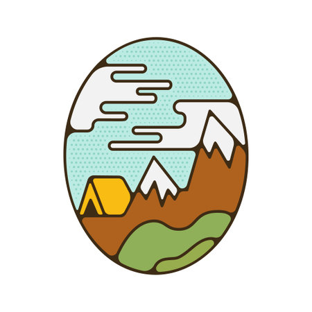 Outdoor adventure badge. Camping adventure label in retro style. Mountain logo graphics for t-shirt. Stock artwork with tent and mountains.の写真素材