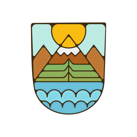 Outdoor adventure badge. Camping adventure label in retro style. Mountain logo graphics for t-shirt. Stock artwork patch.の写真素材