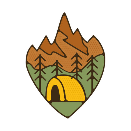Outdoor adventure badge. Camping adventure label in retro style. Mountain logo graphics for t-shirt. Stock artwork sticker.の写真素材