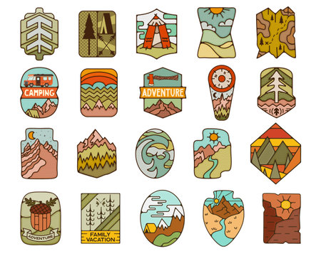 Outdoor adventure badges set. Camping adventure labels in retro flat style. Mountain logos graphics for t-shirt. Stock artworks.の写真素材