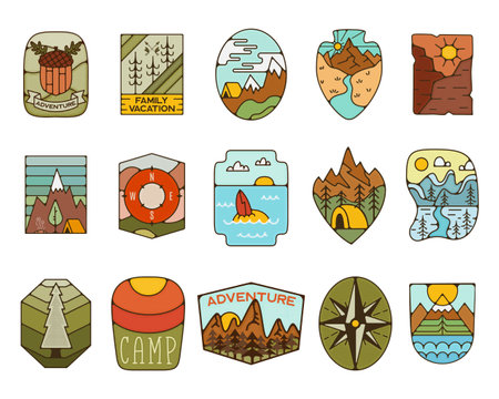 Outdoor adventure badges collection. Camping adventure labels in retro flat style. Mountain logos graphics for t-shirt. Stock artworks.の写真素材
