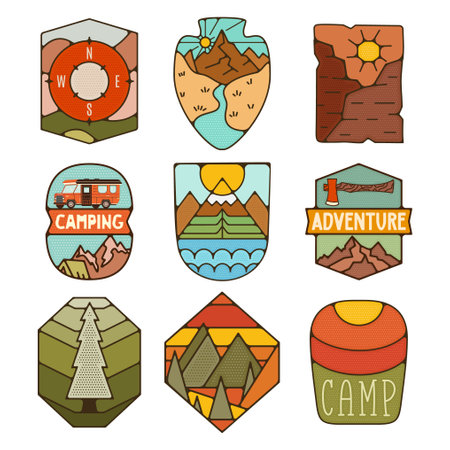 Outdoor adventure badges set. Camping adventure labels in retro flat style. Mountain logos graphics for t-shirt. Stock artwork collection.の写真素材