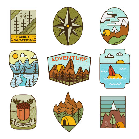 Outdoor adventure badges set. Camping adventure labels in retro flat style. Mountain logos graphics for t-shirt. Stock artworks. Family vacation.の写真素材