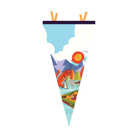 Camping adventure pennant flag design. Outdoor hiking graphics with river. Mountains pendant artwork. Stock illustration.の写真素材