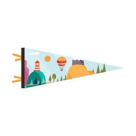 Summer Camping adventure pennant flag design. Outdoor hiking graphics. Mountains pendant artwork. Stock illustration.の写真素材