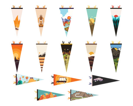 Camping adventure pennant flags design set. Outdoor hiking graphics collection. Mountains pendant artwork. Stock illustration.の写真素材