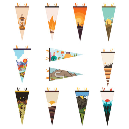 Camping adventure pennant flags design set. Outdoor hiking graphics collection. Mountains pendant artwork. Stock illustration collection.の写真素材