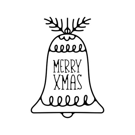 Christmas silhouette badge element. Winter line art label design. Christmas jingle bell linear print for t-shirt, cards, stickers. Stock Christmas silhouette artwork.の写真素材