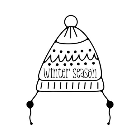 Winter season silhouette badge element. Winter line art label design. Winter hat linear print for t-shirt, cards, stickers. Stock winter silhouette artwork.の写真素材