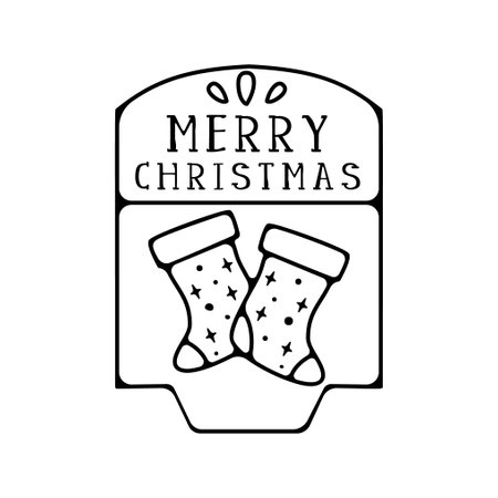 Merry Christmas silhouette badge element. Winter line art label design. Christmas sock linear print for t-shirt, cards, stickers. Stock Christmas silhouette artwork.の写真素材