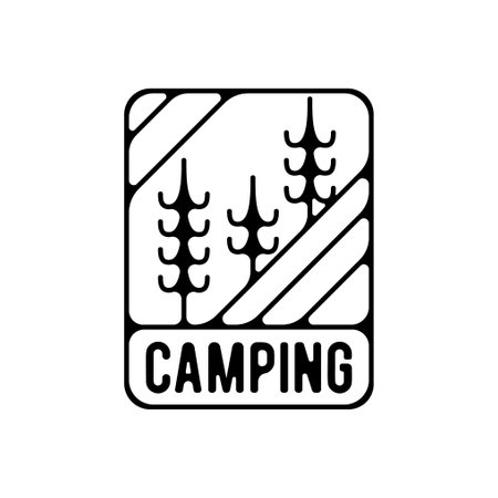 Camping silhouette badge design. Adventure graphics. Outdoor nature label monochrome. Stock hiking artwork.の写真素材