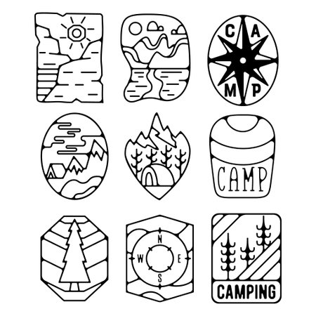 Camping silhouette badges set design. Adventure logo graphics. Outdoor nature label monochrome collection. Stock hiking artwork insignias.の写真素材