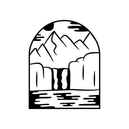 Camping silhouette badge design. Adventure graphics. Outdoor nature label monochrome. Stock artwork.の写真素材