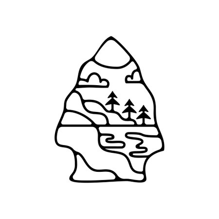 Camping silhouette badge design. Adventure graphics. Outdoor nature label monochrome. Hiking artwork.の写真素材