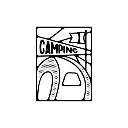 Camping silhouette badge design. Adventure logo graphics. Outdoor nature label monochrome. Stock hiking artwork.の写真素材