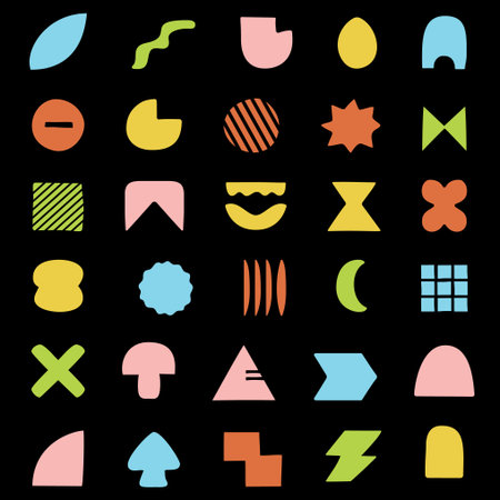 Colorful Abstract Shapes Grid With Bold Geometric Icons On Black Background For Modern Design. Vectorのイラスト素材