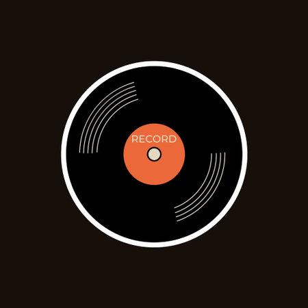 A classic vinyl record with an orange label on a dark background. Stock Vector Groovy Stickerのイラスト素材