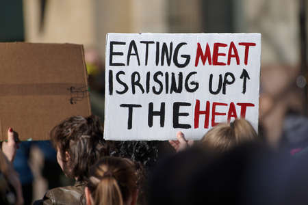 Helsinki, Finland - April 6, 2019: Demonstrator carrying sign Eating meat is rising up the heat at the protest march against climate change.のeditorial素材