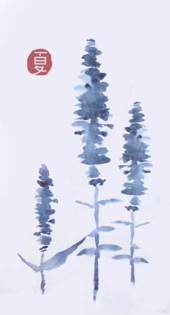 three asian sumie flowers watercolorの写真素材