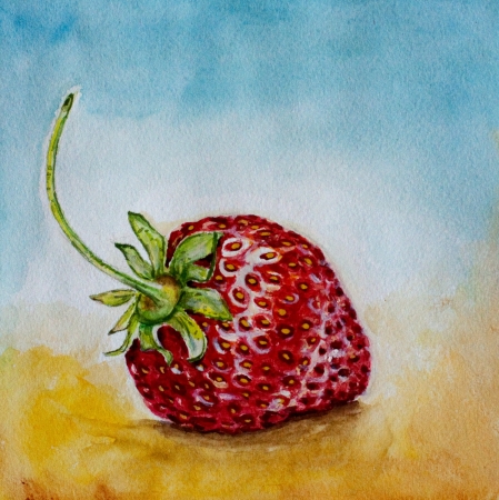 red ripe strawberry watercolor on blue backgroundの写真素材