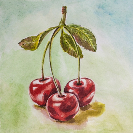 tripled cherry on the desk watercolorの写真素材