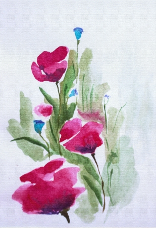 Bright poppies in field. Summer floral watercolorの写真素材