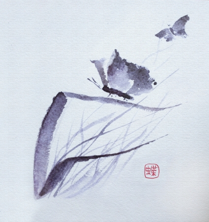 Butterfly flowers japanese traditional watercolorの写真素材