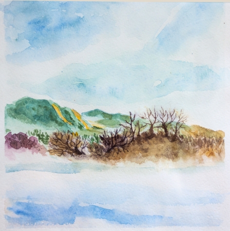 spring landscape watercolor. Trees, river, skyの写真素材