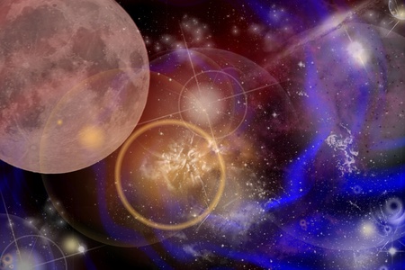 concept of the galaxy behind our red moonの写真素材