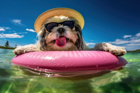 Cute Shih Tzu in summer hat and sunglasses swimming in tropical watersの素材