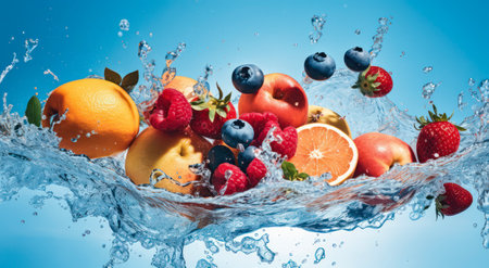 Fruit splashing in water on blue background. Fruits and berriesの素材