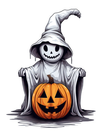 Illustration of a scary halloween pumpkin with a ghost witch on a white background. T-shirt design, stickersの素材