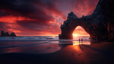 Couple in love walking at sunset on the beach. 3d renderingの素材