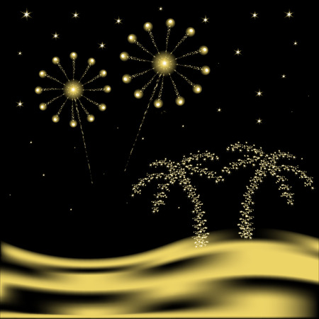 palm tree with fireworks in desertのイラスト素材