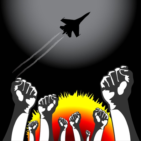 War airplane bombarding ground, people resistのイラスト素材