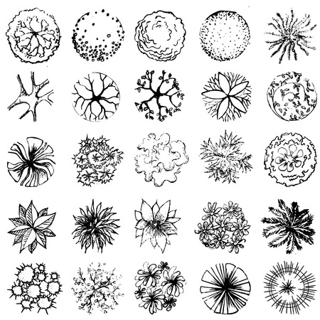 A set of treetop symbols, for architectural or landscape design  black and whiteのイラスト素材