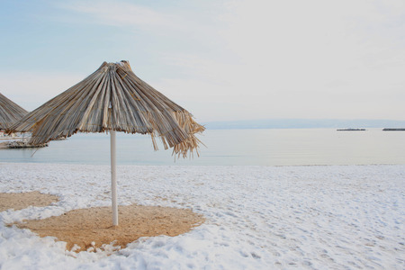 Beach covered with snowの写真素材