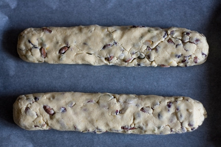 Two pieces of biscotti ready for oven.の写真素材
