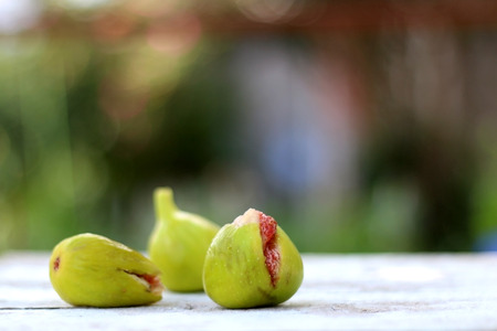Three organic figs on the table, freshly picked from garden. Selective focus, natural light.の写真素材