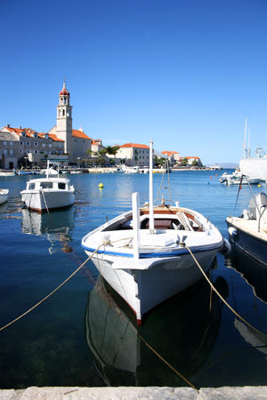 Small wooden fishing boat in Sutivan, Brac island, Croatia. Selective focus.の写真素材