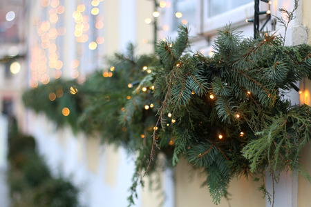 Picturesque house decorated with Christmas lights for Advent in Zagreb Upper Town, Croatia. Selective focus. Advent in Zagreb Fair was voted as the European Best Christmas Destination for 2016.の写真素材