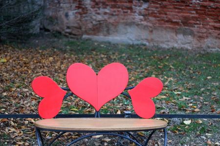 Heart shaped bench in picturesque Tkalciceva Street in Zagreb, Croatia. Selective focus.の写真素材