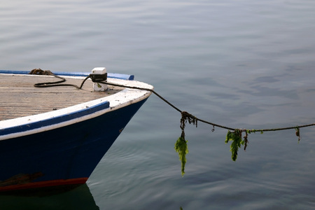 Small traditional fishing boat in a port. Detail of a nautical rope with seaweed. Selective focus.の写真素材