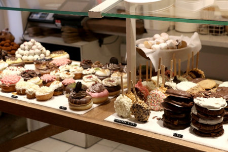 Barcelona, Spain - July 7, 2018: Selection of cookies, pastries and candies in a pastry shop in Barcelona, Spain.のeditorial素材