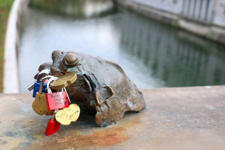 Ljubljana, Slovenia - October 28, 2017: Abstract sculpotures and colorful love locks at Butcher's...