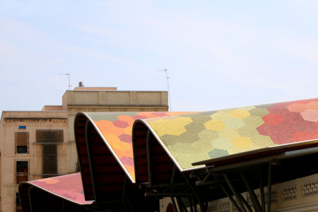 Barcelona, Spain - July 7, 2018: Curved colorful roof of Mercat de Santa Caterina - market in Barcelona, Spain.のeditorial素材
